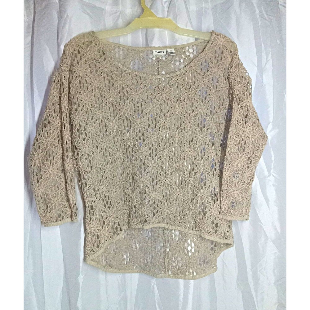 Cato Women Beige Sheer Lace Floral Boho Blouse Scoop Neck Pullover XL 3/4 Sleeve